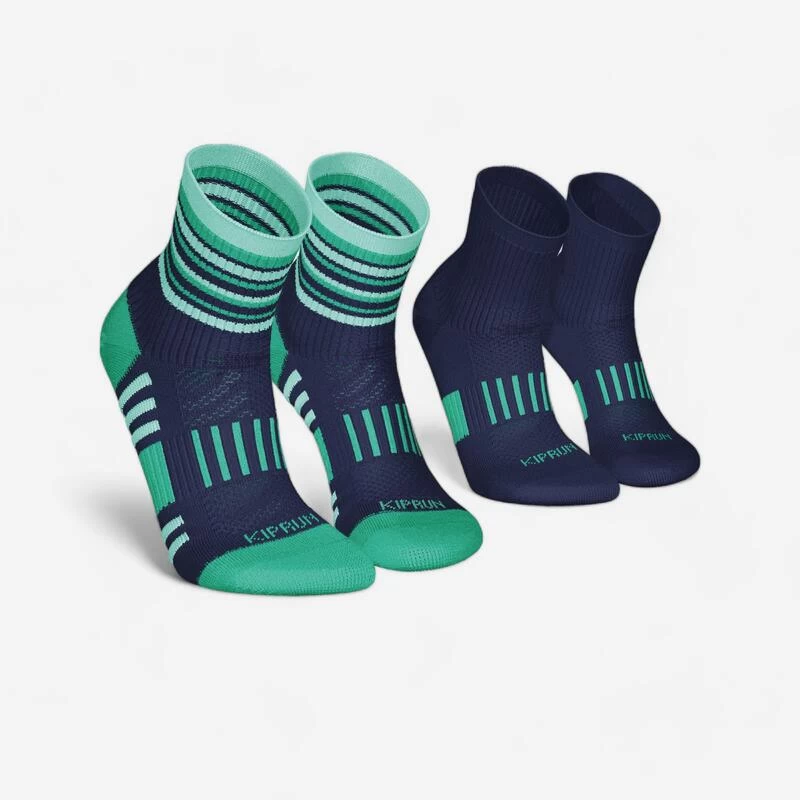 LotX2 De Chaussettes Running Confort Enfant - KIPRUN 500 Mid Marine Et Rayé Vert 1 LotX2 De Chaussettes Running Confort Enfant - KIPRUN 500 Mid Marine Et Rayé Vert